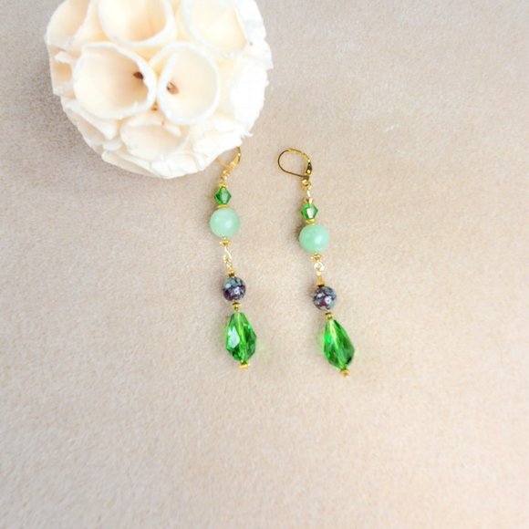 Green Aventurine Crystal and Glass Gold Plated Dangle Earrings Green Aventurine - Picture 1 of 8